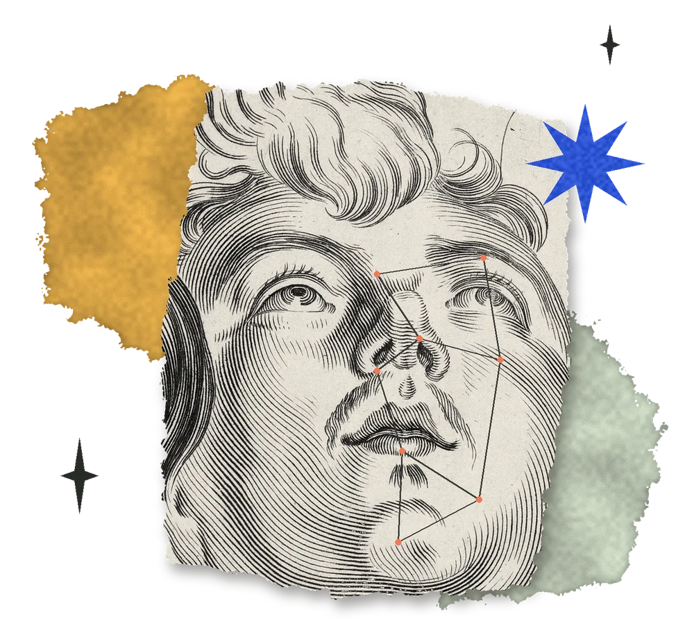 A collage: an upturned face from Rubens's drawing book, torn from the engraving, with plane lines drawn across the cheek, over ochre and sage paper