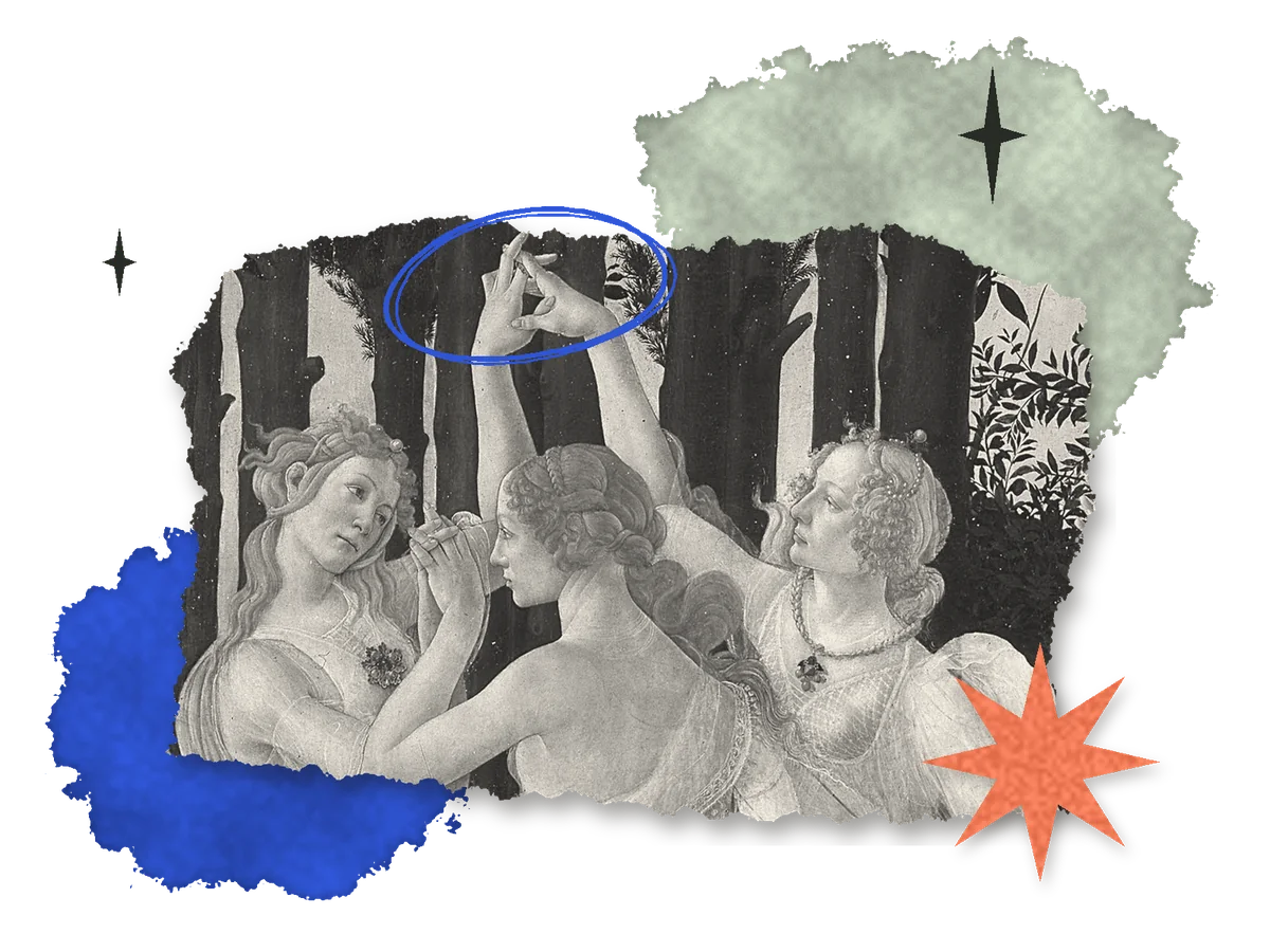 A collage: the Three Graces from Botticelli's Primavera, joined hands raised, torn out in black and white over sage and blue watercolor paper, with a coral star and a blue scribble