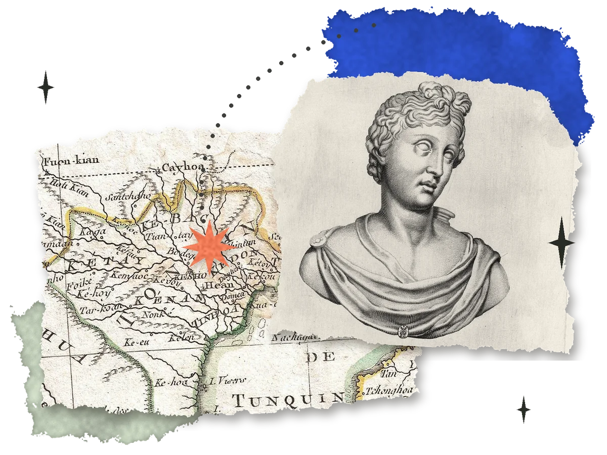 A collage: a classical bust of Apollo torn from an old engraving, over a torn corner of a 1771 map of Tonkin with a coral star on Hanoi, blue watercolor paper and a dotted route
