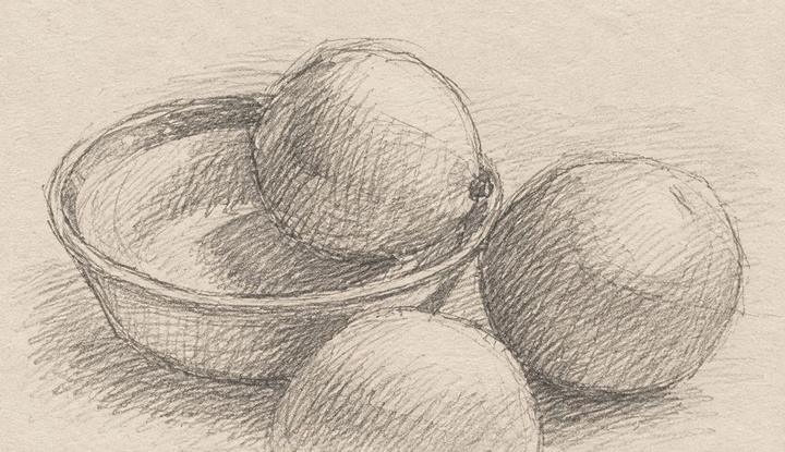 A pencil still life of a bowl and round fruit, shaded with hatching