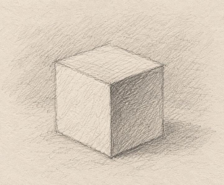 A shaded pencil drawing of a cube