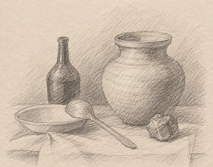 A pencil still life of a bottle, a jar and a bowl
