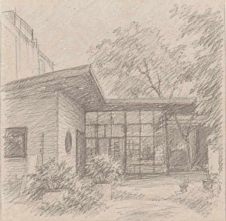 A pencil sketch of a glass-fronted house among trees and shrubs
