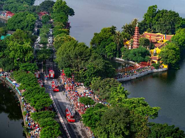 West Lake from above, with Trấn Quốc Pagoda on its island