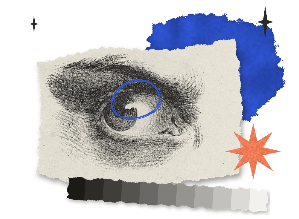 A collage: a pencil-shaded eye torn from an old drawing-course print, over a torn gray scale and blue watercolor, with a coral star